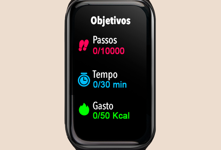 Foto de um relógio inteligente com as suas principais funcionalidades de monitoramento